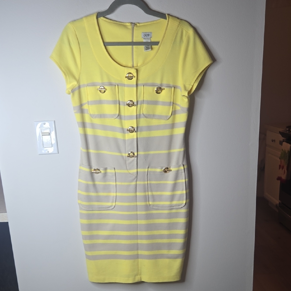 Cache Womens Capsleeve Dress Stripped Yellow And Grey Sz 8